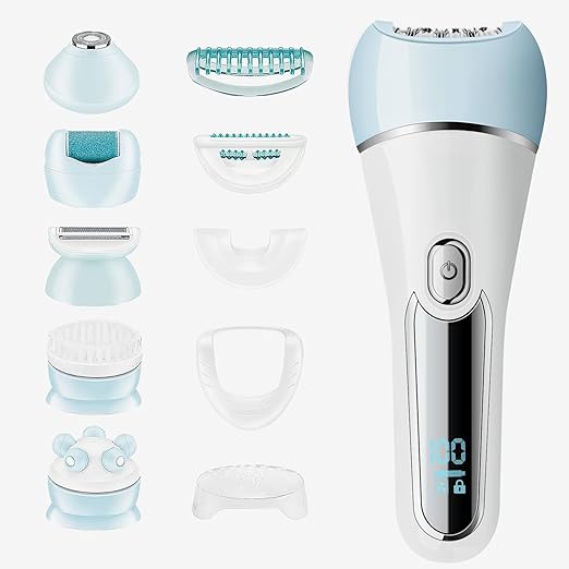 Epilator for Women, 6 in 1 Hair Removal Epilator, Shaver, Face Razor, Facial Brush, Face Massage and Body Exfoliator, IPX7 Waterproof Rechargeable Hair Removal for Women, 2 Speeds