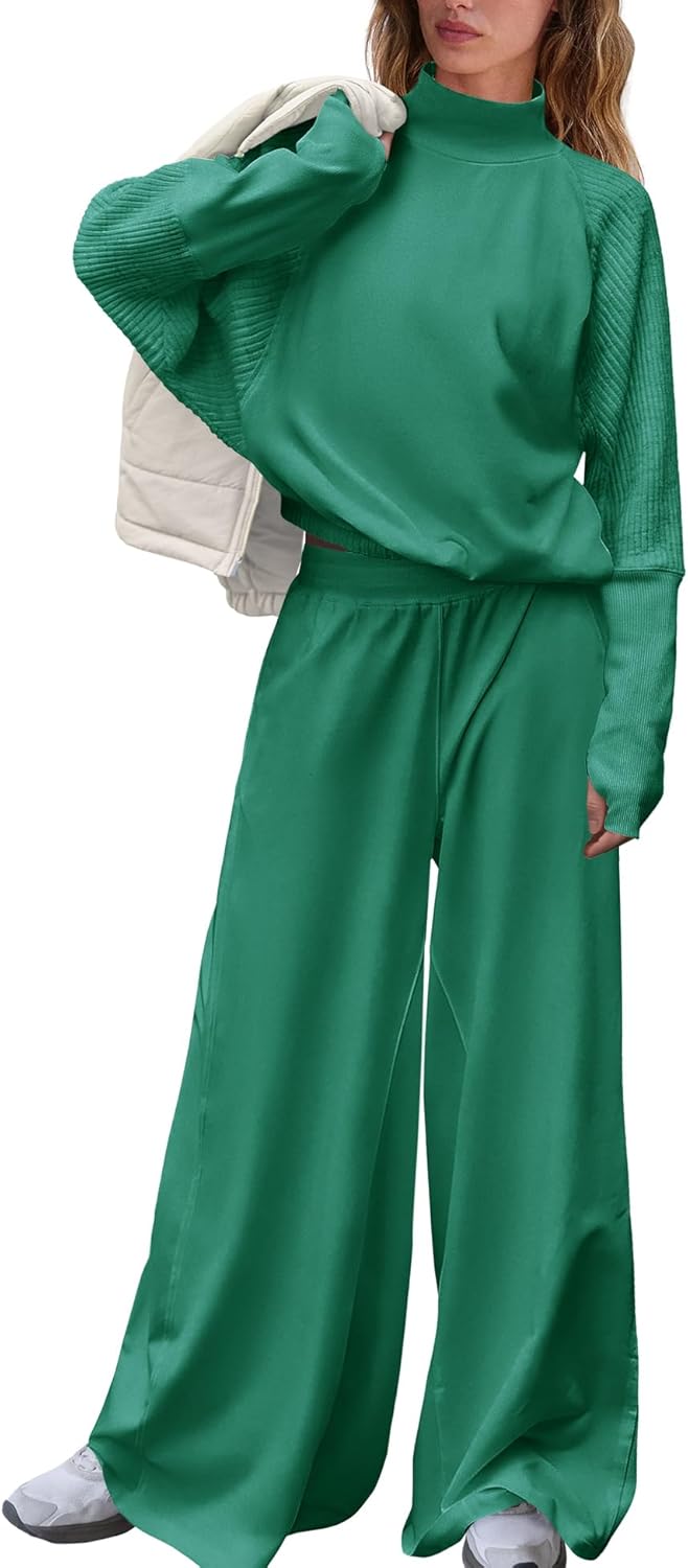 Nirovien Womens 2 Piece Lounge Sets Sweatsuits Matching Sweat Sets Hight Neck Sweatshirt and Wide Leg Pants