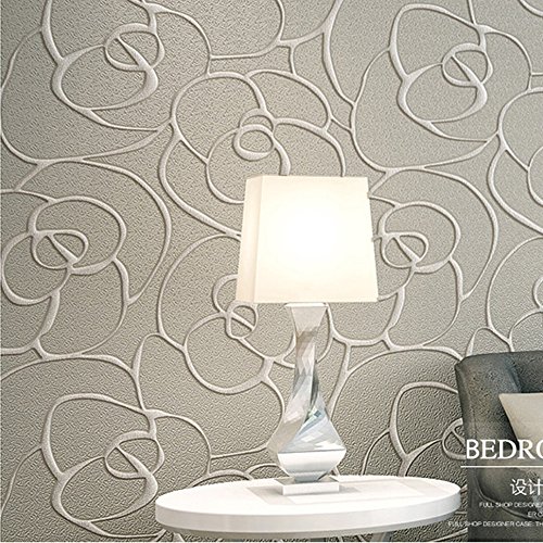 Qihang Modern Minimalist Embossed 3D Rose Flower Non-Woven Wallpaper Cream&Gray Color 0.53M(1.738' W) X 10M(32.8' L)=5.3㎡(57 Sq.ft) #TOP2
