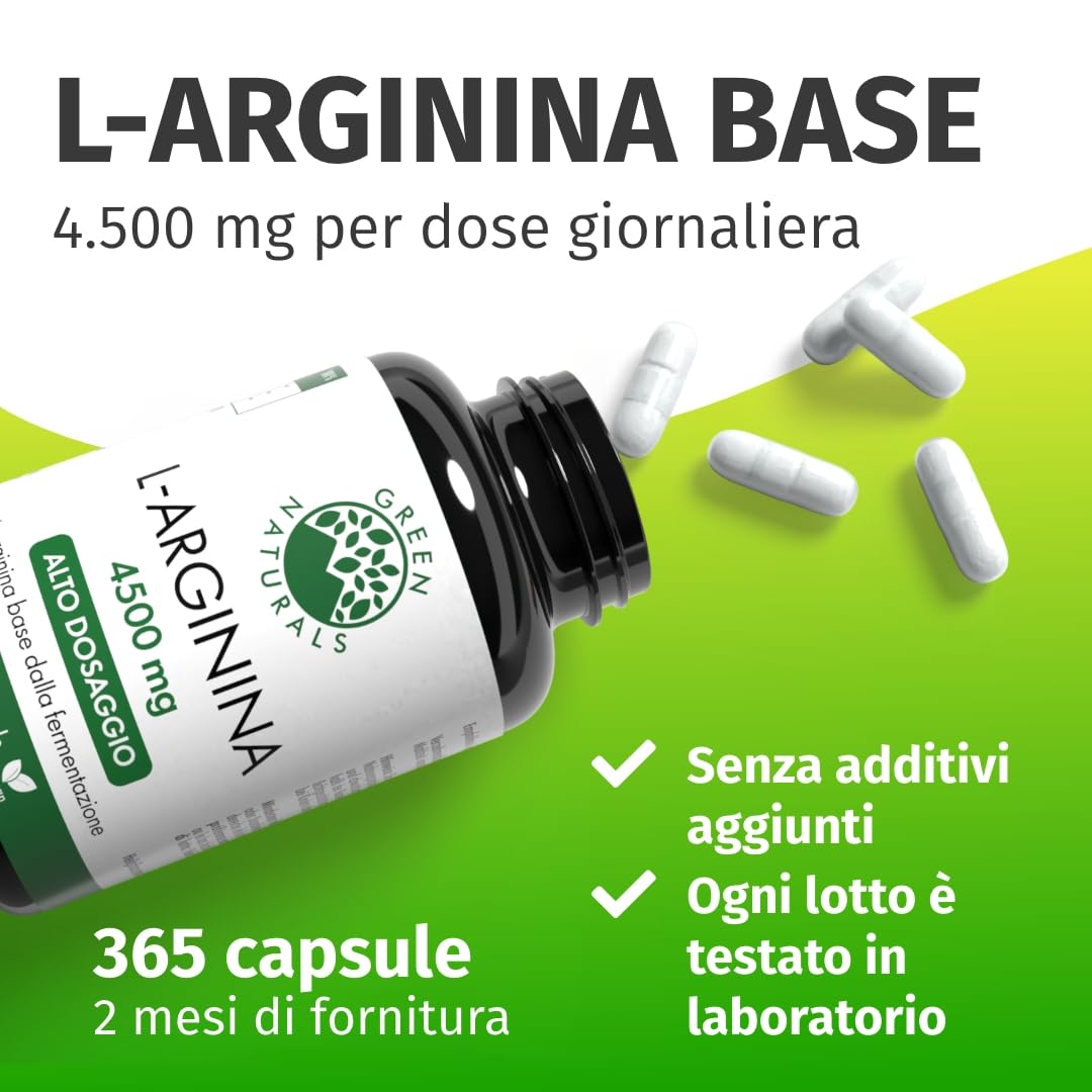 Green Naturals® L-Arginina – Ad alto dosaggio 4.500 mg per dose giornaliera – L-arginina base pura da fermentazione naturale – 100% vegana & senza additivi – 365 capsule (60 giorni)