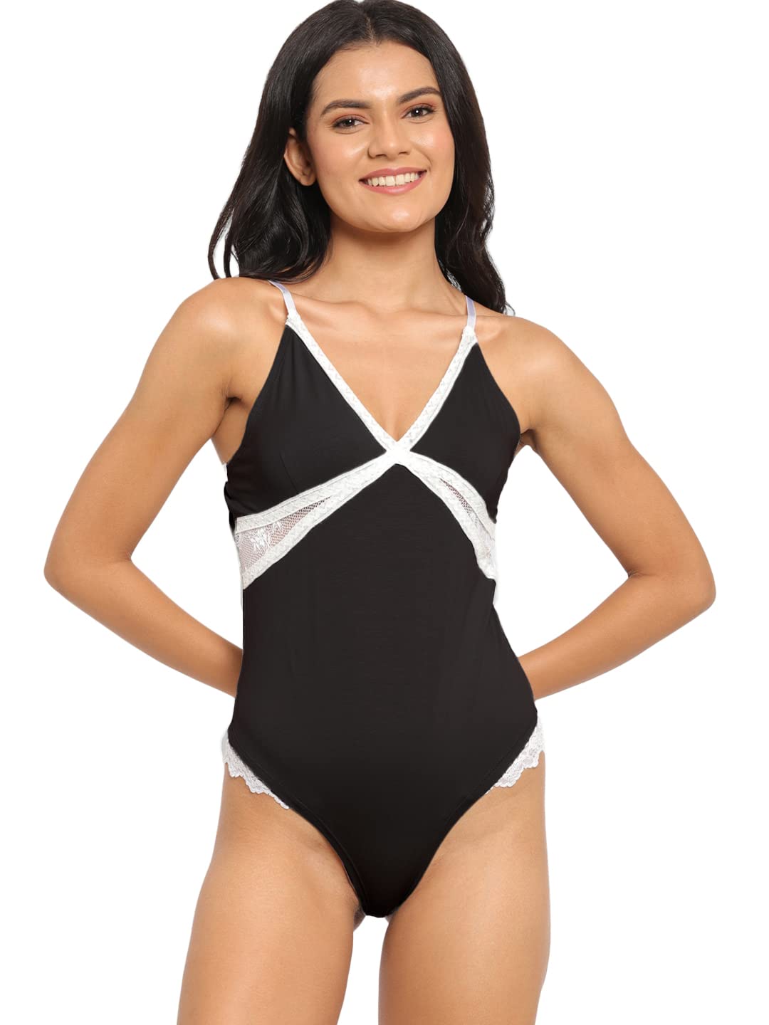n-gal Women Cotton Contrast Side Lace Leotard Teddy Bodysuit Top-picture-21