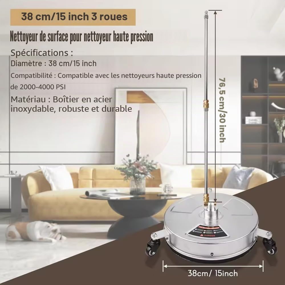 Nettoyeur Surface 15 Pouces,4 Roues, Double Buse, Rotation 360° | 4000 PSI | Raccord Rapide 1/4" | Acier Inoxydable, Équipé de roulements Lourds pour Terrasses, Allées et Sols