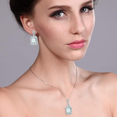 Miniatura 3 de Gem Stone King Juego de joyas de 21.02 quilates con dije y aretes de aguamarina simulada azul cielo para mujer en plata de ley 925 corte esmeralda