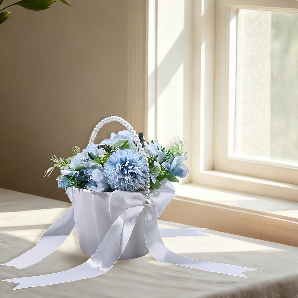 CRASPIRE Wedding Flower Girl Basket White Satin Bowknot Flower Baskets Pearl Handle Small for Bridal Banquets Jewelry Collection Floral Courses Pastoral Picking Ceremony Scenes