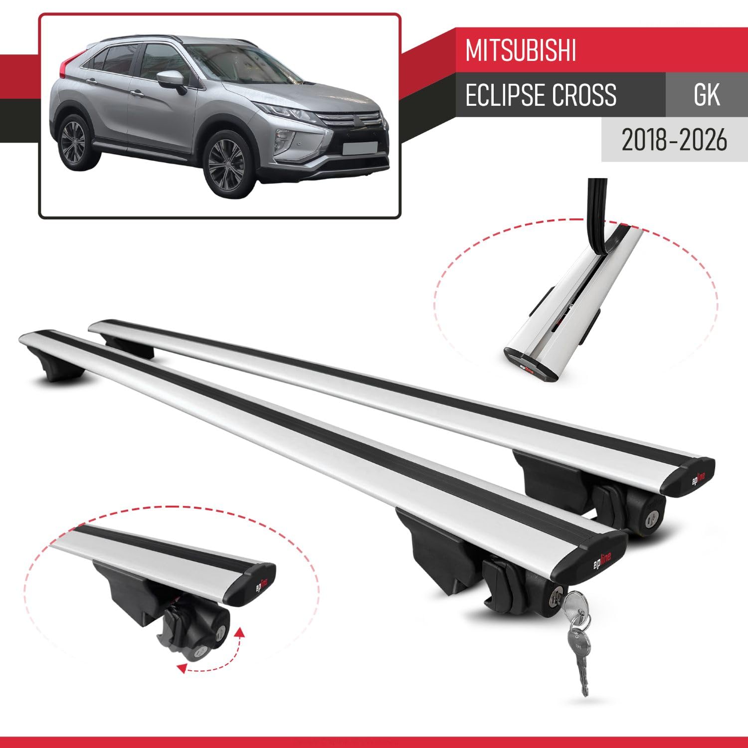 Compatible con Mitsubishi Eclipse Cross (GK) 2018-2026 Modelo Hook Barra de Techo Auto Portaequipajes Barras Transversales Gris Aluminio 2 Barras