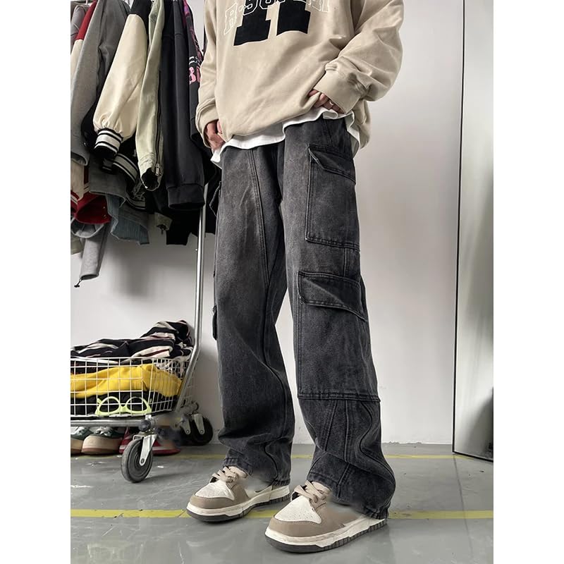 Men's Cargo Jeans Straight Casual Trousers Hip Hop Pants2