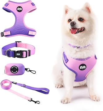 Dog Harness Collar Leash Combo,No Pull Adjustable Vest Cute for Small Puppy Medium Girl/Boy Pets with Poop Bag HolderXSmall,Purple