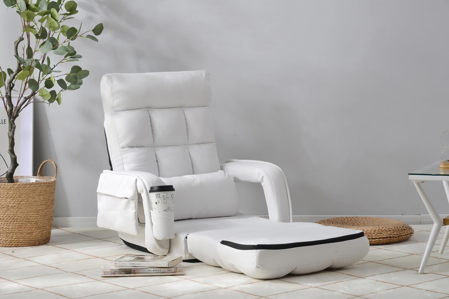 座椅子 リクライニング 14段ギア チェアー いす イス 【ホワイト】 Amazon｜KJUUJE座椅子 リクライニング 14段ギア リクライニング