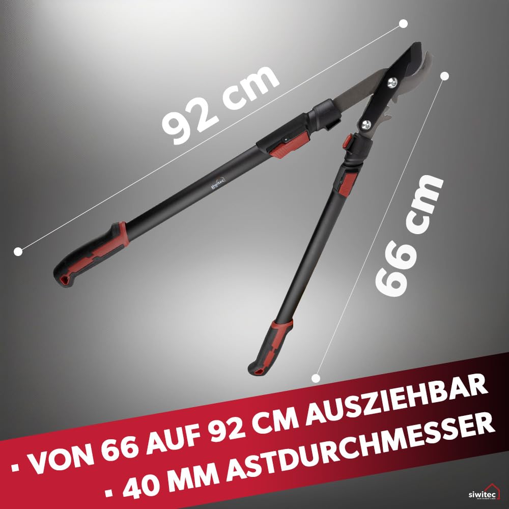 Siwitec Teleskop Bypass Getriebeastschere SG-21, Baumschere für frisches Holz bis Ø 40 mm, Kohlenstoffstahl, Länge 66-92 cm