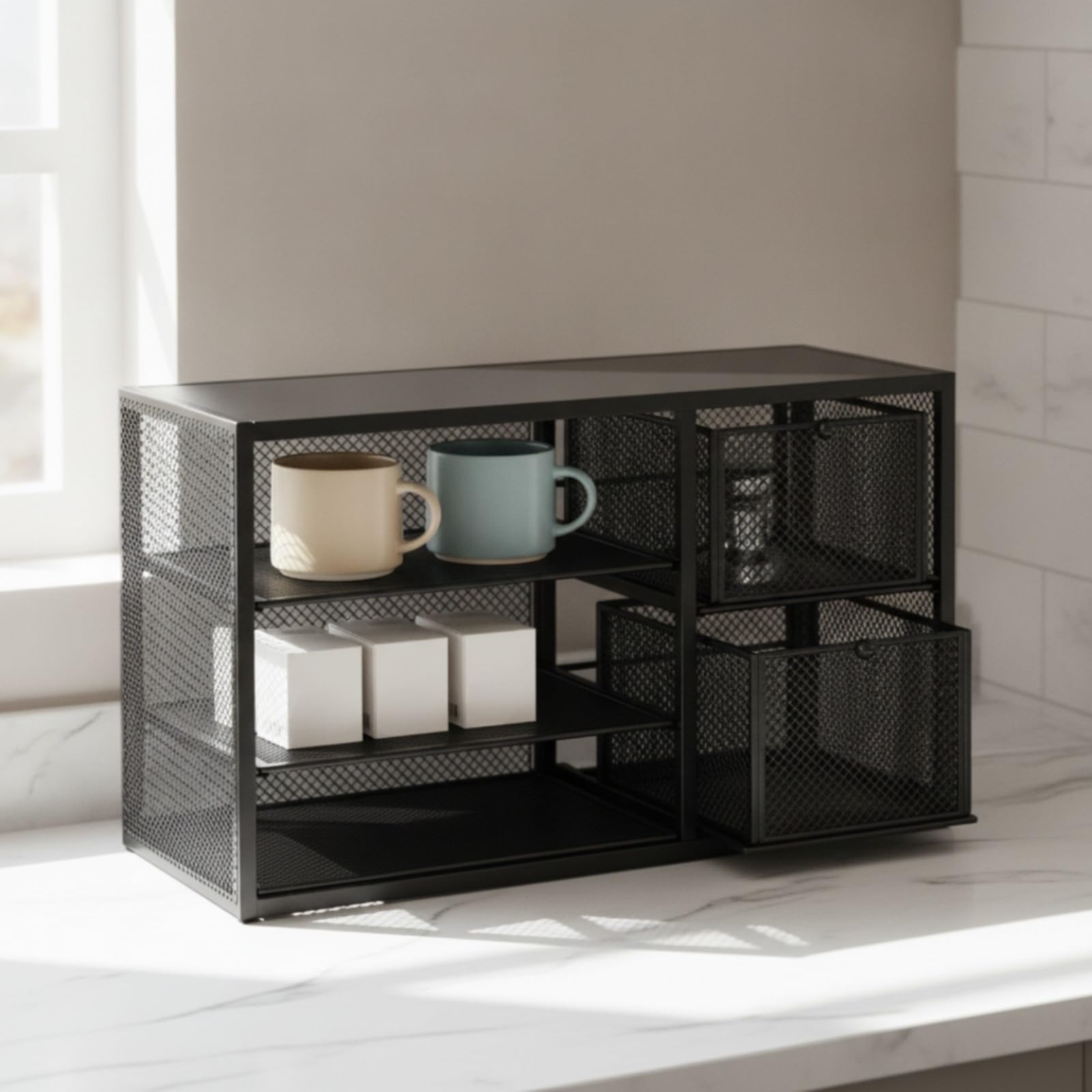 Baoblaze Organizador Café con Cajones Ventilado ría Malla Metálica Compacto Encimera para Oficina, Negro
