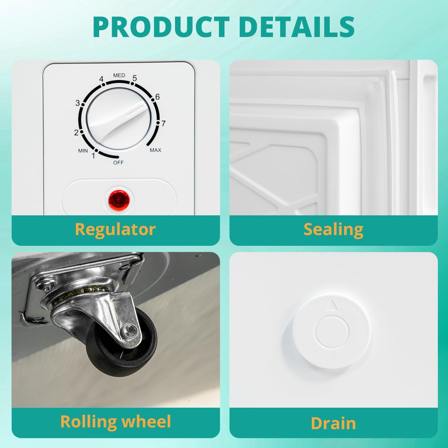 Close-up of the freezer's regulator dial, sealing, rolling wheel, and drain