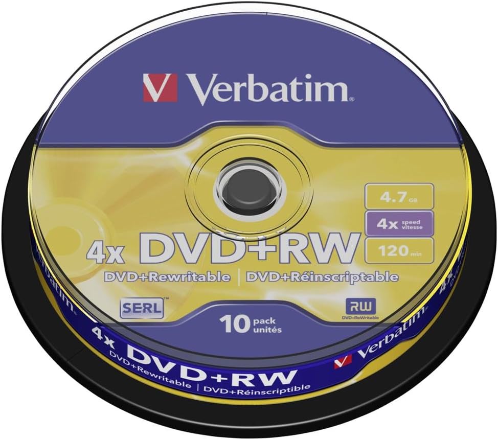 Verbatim DVD-RW 4 x 4.7 GB, Pack of 10 Spindle, DVD Blanks Writeable, 4x Burning Speed & Hardcoat Scratch Guard, DVD Empty, Blanks DVD Rewritable