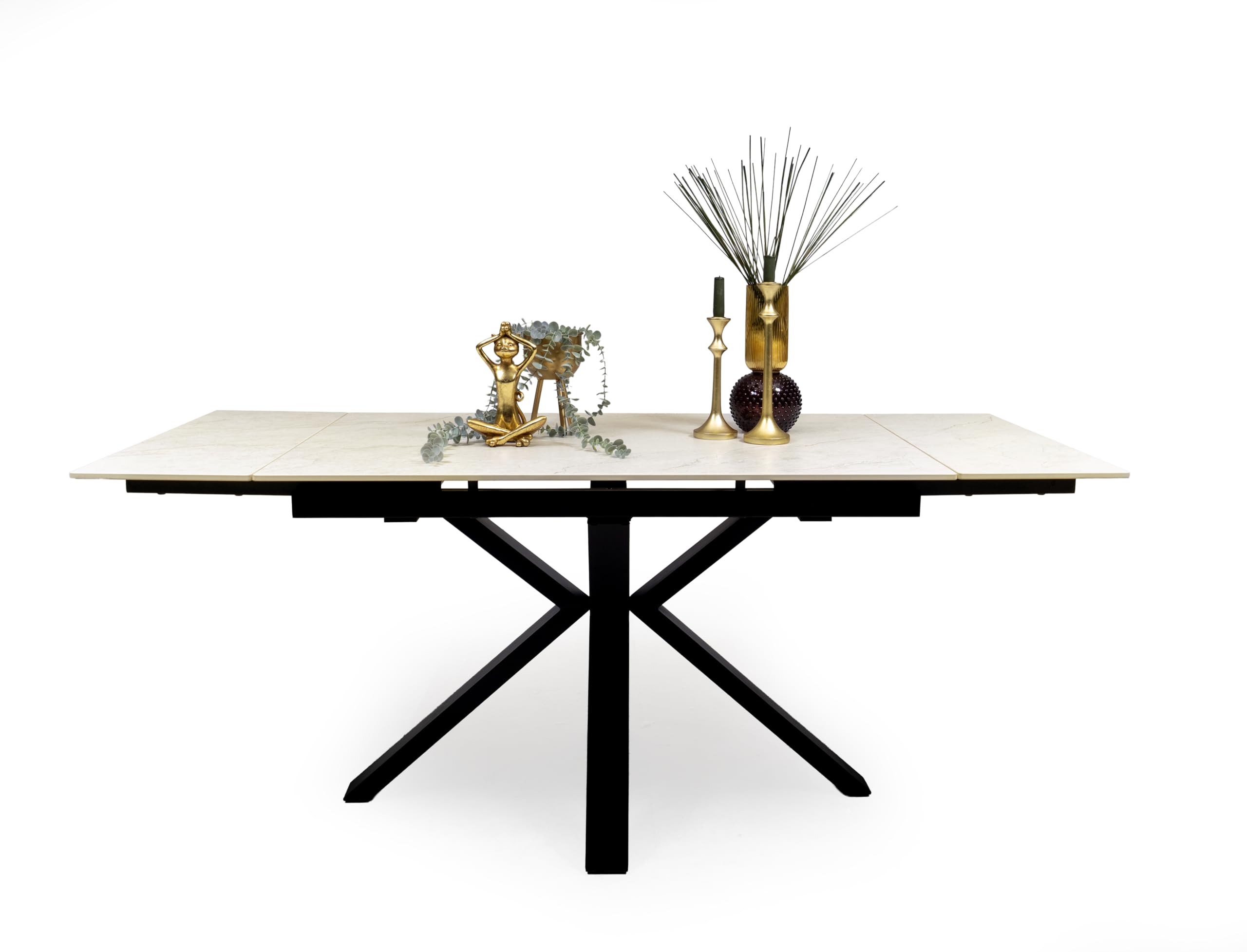 Homely® | Mesa de Comedor Extensible Marble con Tapa Porcelánica 120-180x80 cm | Acabado Efecto Mármol Boticcino Beige | Patas Metálicas Negras | Mesa Cocina, Comedor Moderna