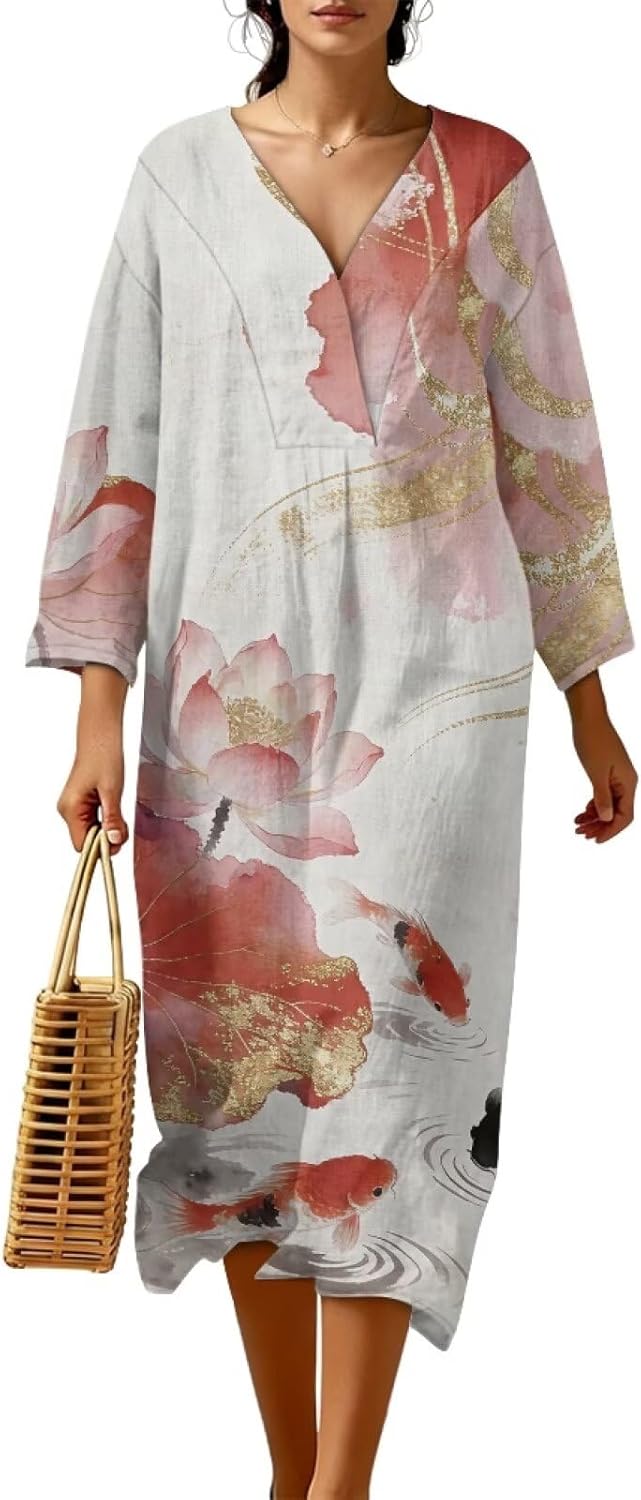 INSTANTARTS Womens Linen Summer Dress Loose Fit Tunic Dress V Neck Flowy Vacation Beach Sundress Chinese Outfits