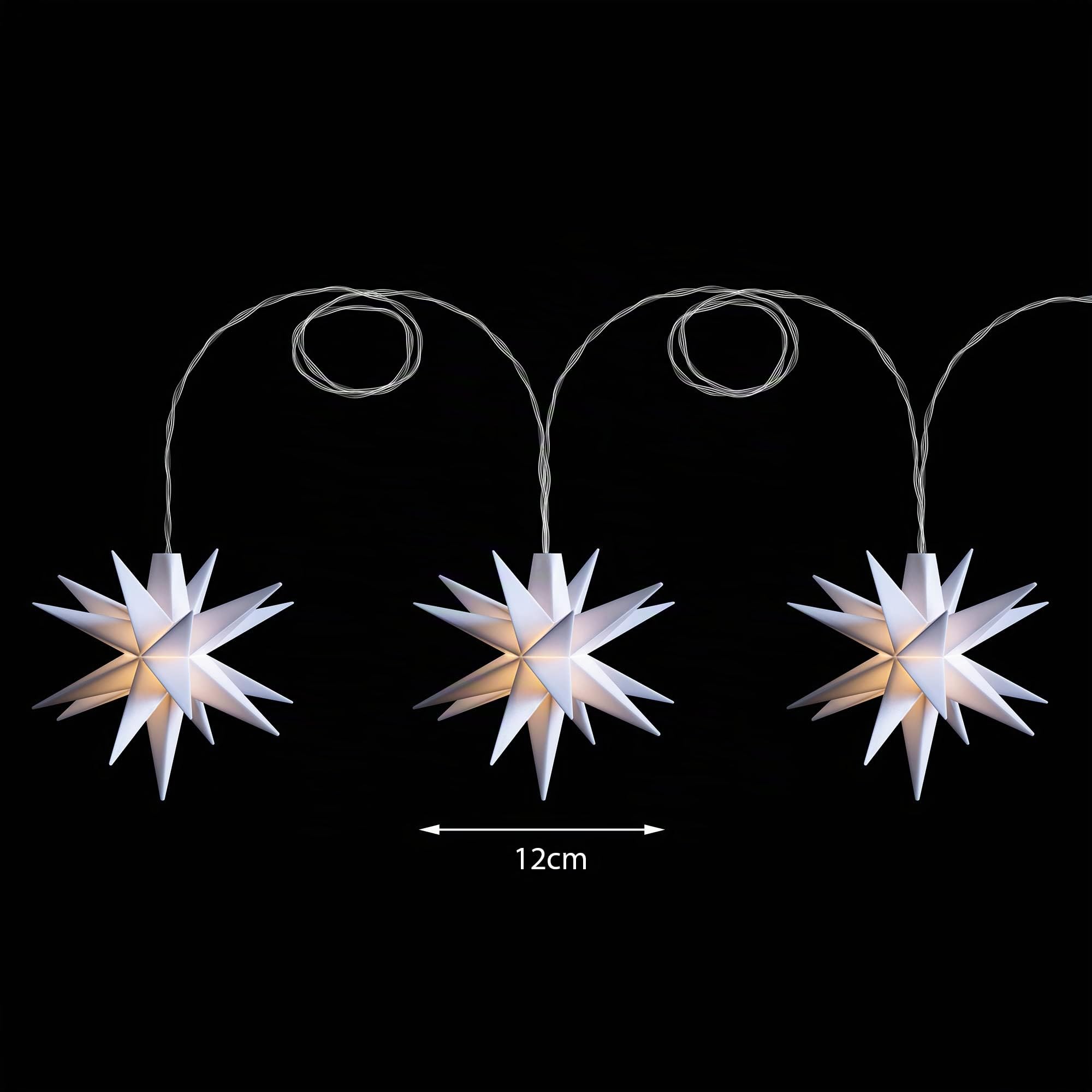 Novaliv Weihnachtsstern Dekostern Lichterkette 3x 12cm Sterne 3,5m Länge WEISS Sternenkette mit Baterriefach nur für INNEN geeignet LED Weihnachtsdeko Stern beleuchtet Weihnachtsbeleuchtung