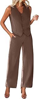 Womens Two Piece Outfits Summer Fashion Button V Neck Crop Vest Blazer and Wide Leg Pants Suit Matching Sets