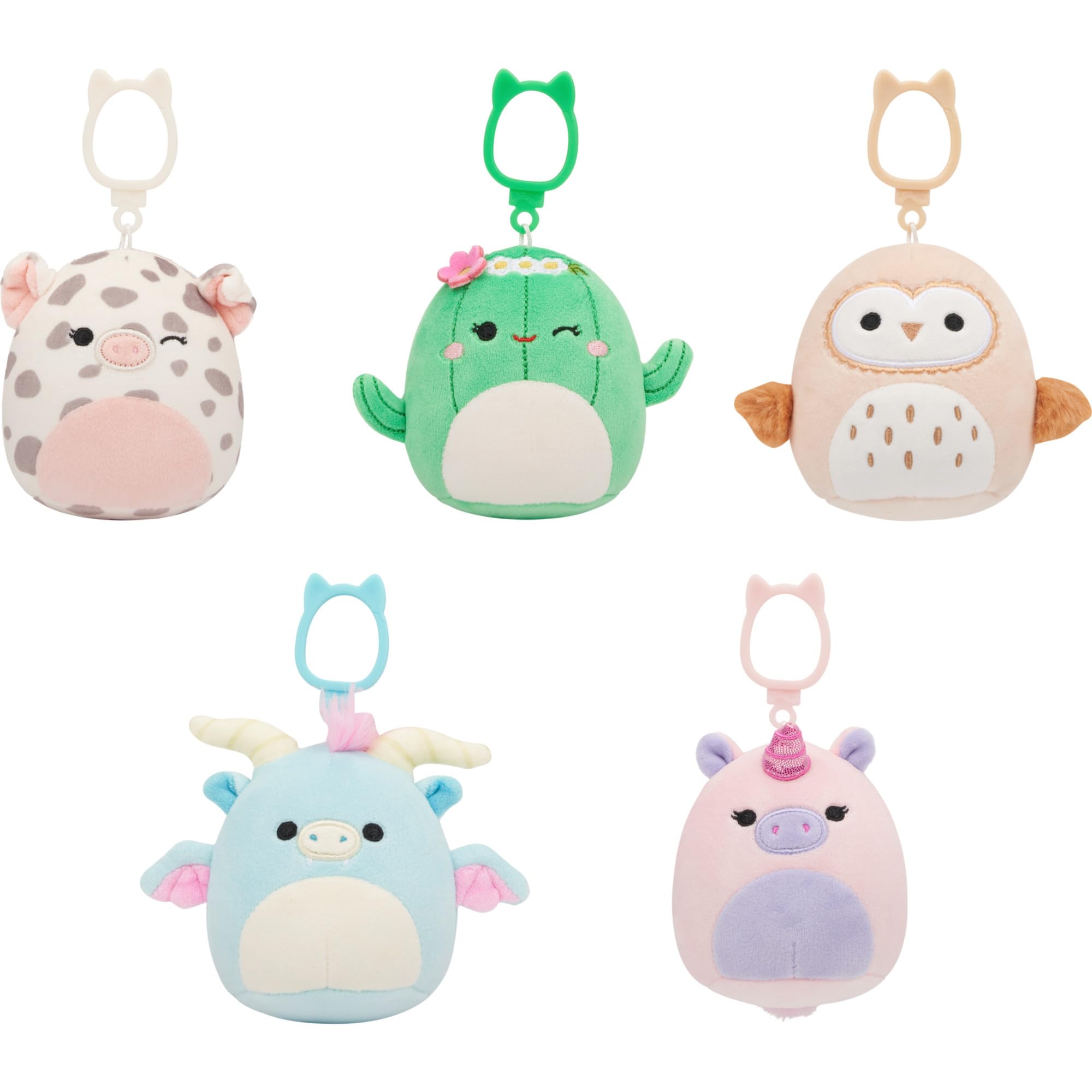 Squishmallows Original 3.5-Inch Clip Plush 5-Pack - Byron Dragon, Hargrove Owl, Ruth Unicorn, Rosie Pig, Maritza Cactus