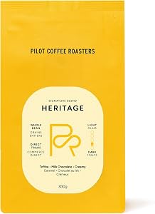 Pilot Coffee Roasters Heritage Blend, medium roast coffee, creamy notes of toffee and milk chocolate (300g, Whole Bean)