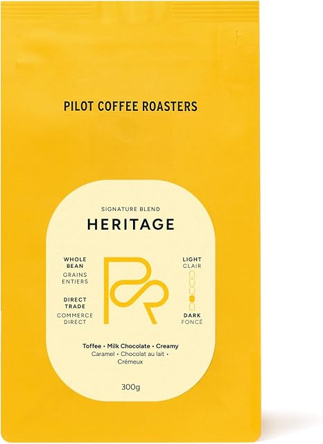 Pilot Coffee Roasters Heritage Blend, medium roast coffee, creamy notes of toffee and milk chocolate (300g, Whole Bean)