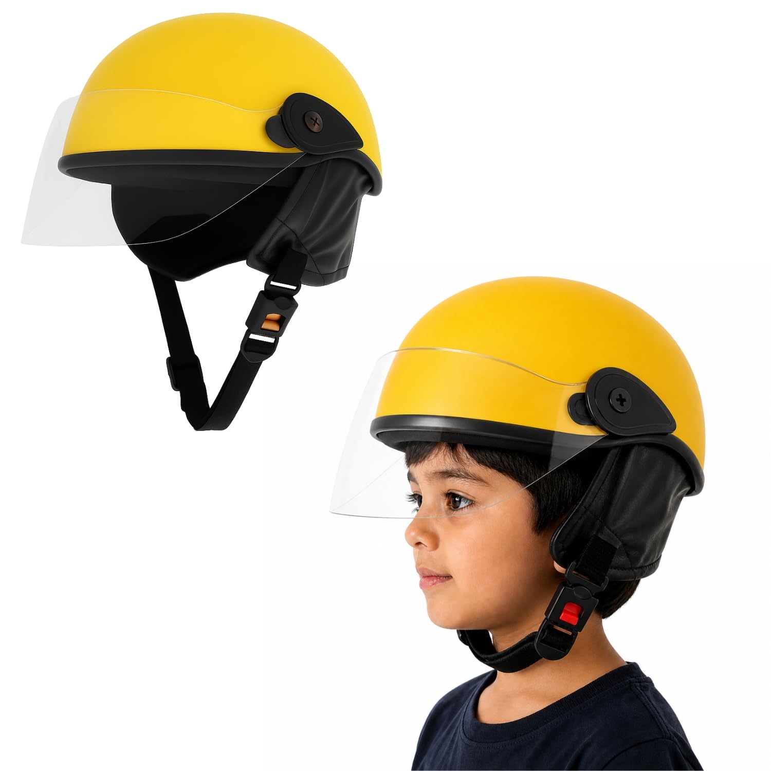 western era kids safety helmet with clear visor protective headgear for cycling skating riding outdoor activities | adjustable child helmet with strap ear protection shield | yellow matte