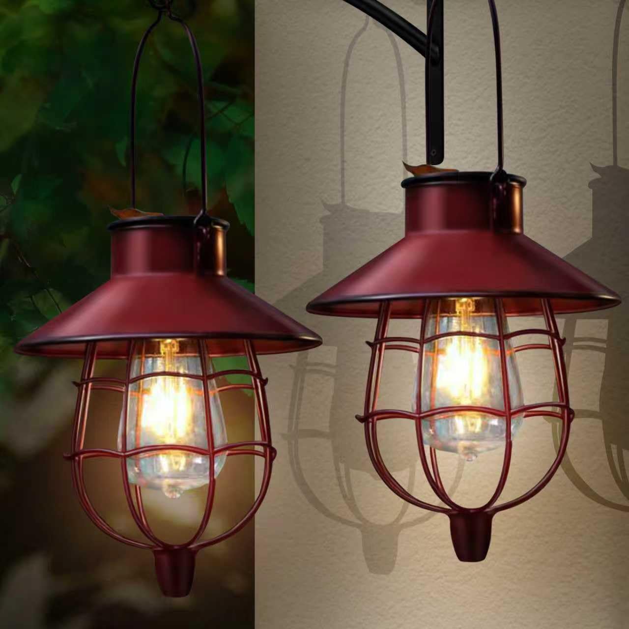 2 Pack Solar Lantern Outdoor Waterproof Hanging Christmas Lanterns with Vintage Metal Warm White Edison Bulb Design, Decorate for Garden Yard and Porch (Red)