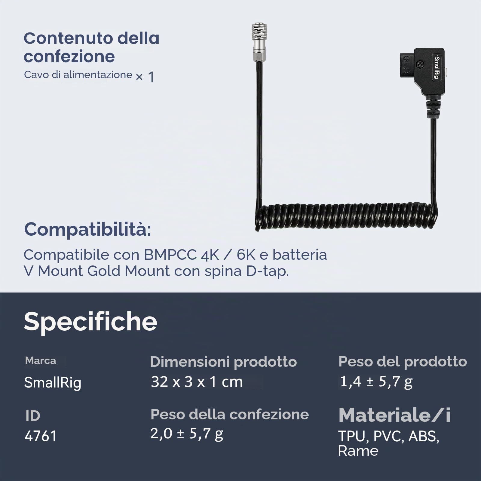 SMALLRIG D-TAP Cavo di Alimentazione a Spirale per Blackmagic Pocket Cinema Camera 4K / 6K per Batteria V Mount/Gold Mount, Weipu SF6 2 pin Femmina a P Tap, Lunghezza 15"-47" - 4761