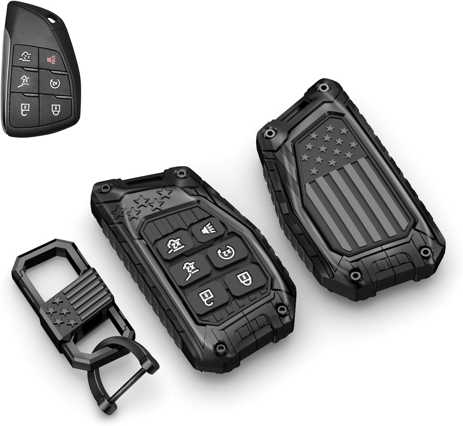 USA Flag-Inspired Hevay Duty Zinc Alloy Key Fob Cover, Keychain, Accessories Chevy 2022 2023 2024 2025 Silverado 1500 GMC Sierra 1500 Chevrolet Tahoe Silverado Sierra 2500HD 3500HD (5 Buttons)