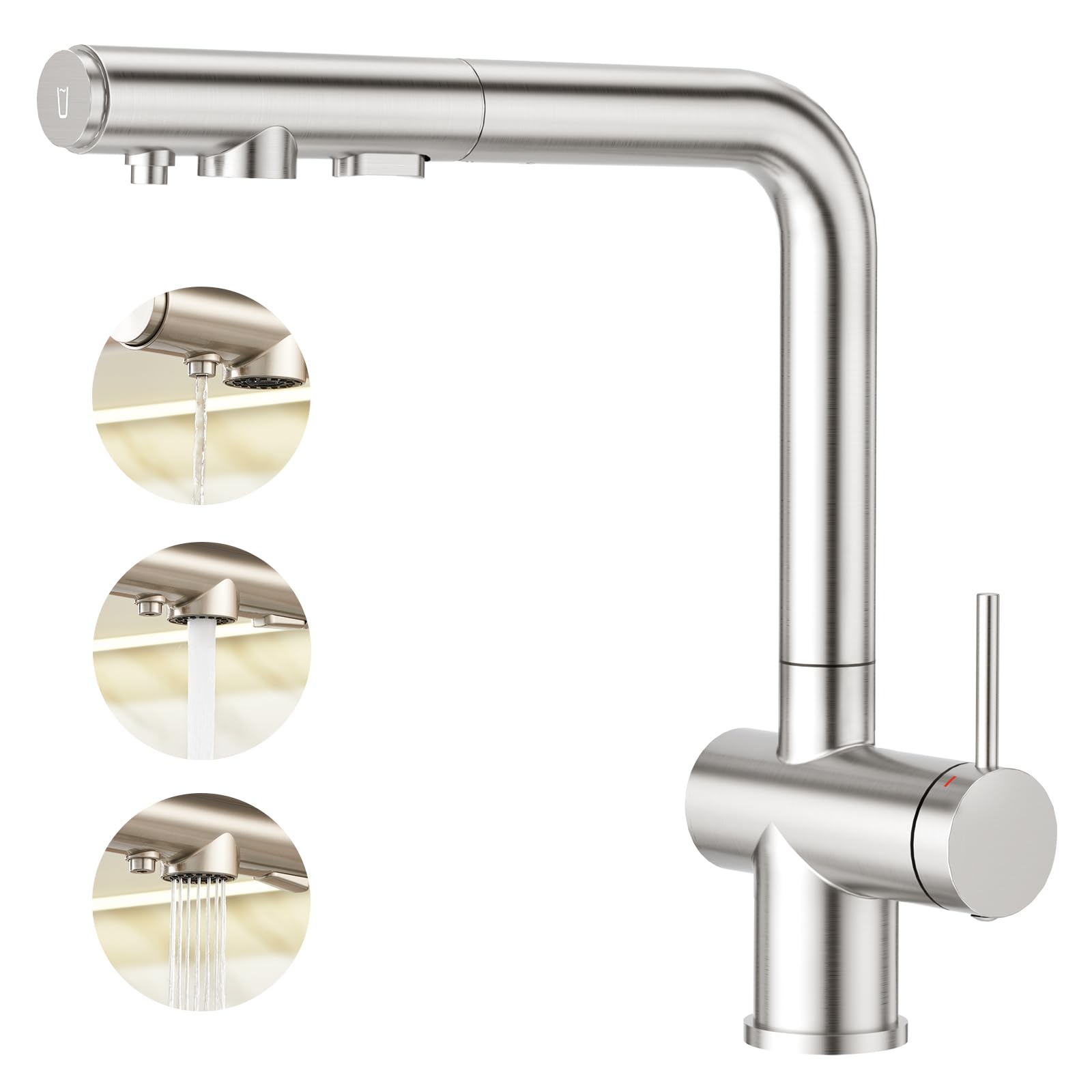 Faustina Rubinetto da cucina a 3 vie con doccetta estraibile, miscelatore monocomando, rubinetto per lavello, rubinetto da cucina per impianto di osmosi inversa e filtro dell'acqua in acciaio inox