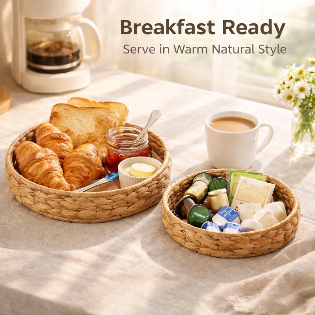 2Pcs Round Wicker Basket Tray, Large Woven Trays for Coffee Table Decor, Natural Water Hyacinth Serving Trays for Decor and Organization - Image 3