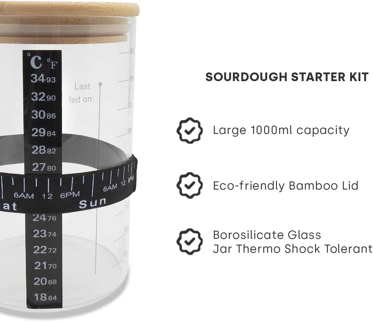 Kit de démarrage au levain – Grand bocal en verre à large goulot de 950 ml, recette de levain, spatule, thermomètre, bande d'alimentation avec date marquée, couvercle en tissu respirant – Bocal de
