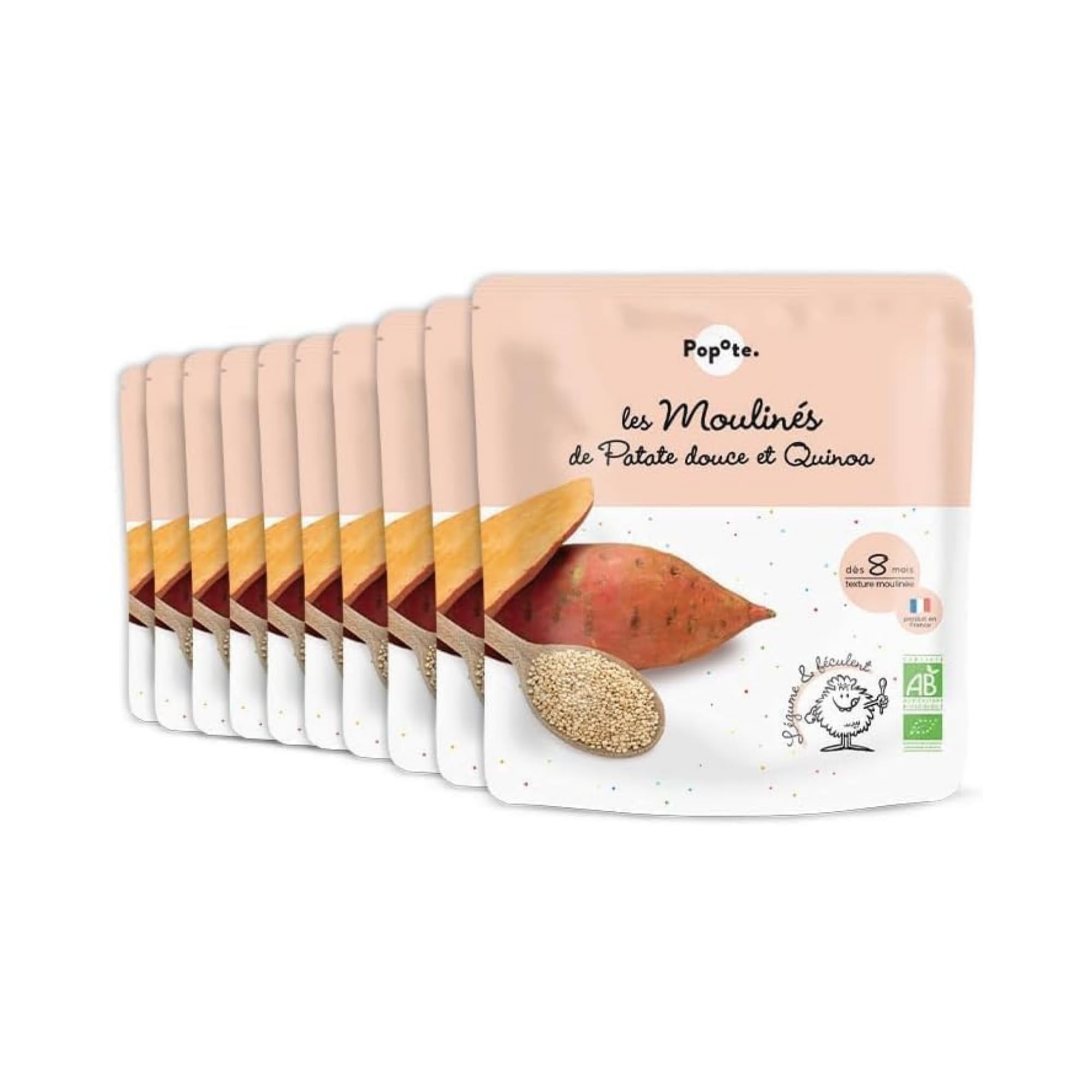 POPOTE - Mouliné Patate Douce Quinoa Bio - Repas Bébé Dès 8 Mois - Sachet Individuel 180g - Recette Simple et Saine - Format Pratique à Emporter - Pack Familial Économique 10 x 180g