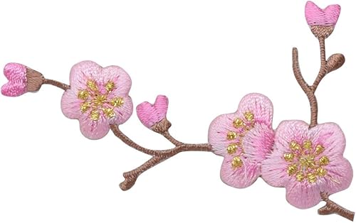 Parche bordado para planchar en flor de cerezo - flores rosadas - tallo marrón - izquierda