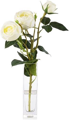 Flores artificiales de seda en jarrón de cristal, arreglo de rosas sintéticas en jarrón alto con agua sintética para decoración de mesa de comedor
