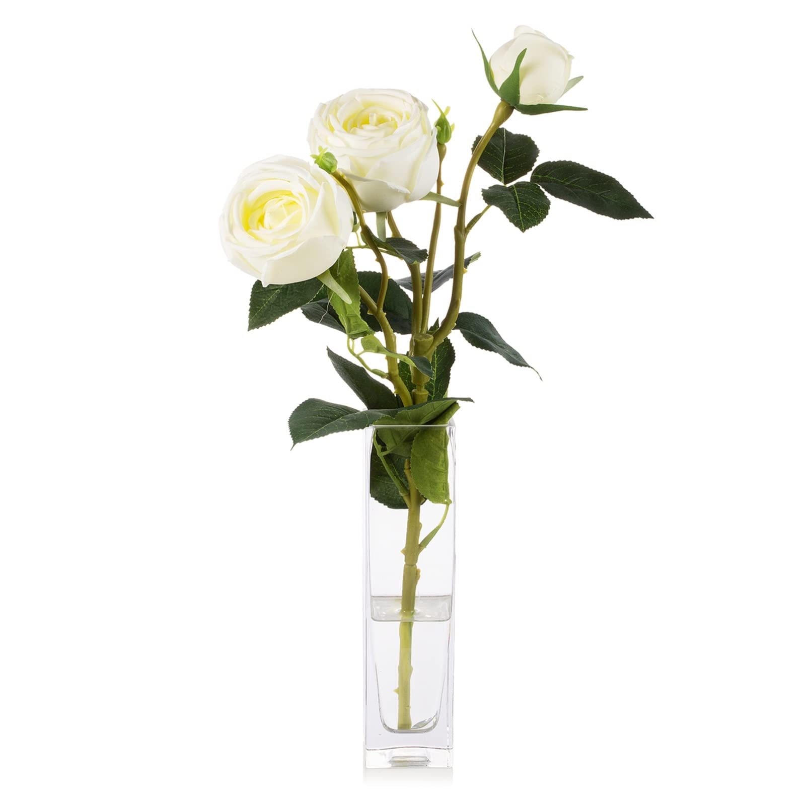 ENOVA FLORALSilk Rose Artificial Flowers in Glass Vase, Faux Rose Flowers Arrangement in Tall Vase with Faux Water for Dining Table Decor (Cream)