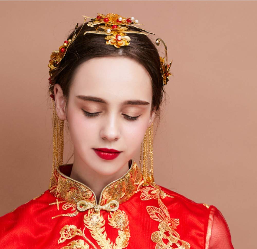 Tiara Adornos para El Cabello Adornos para La Novia Corona China De Phoenix Flor De Cabeza Femenina Cabello En Espiral Estética Simple Noble Gold Delicate Elegance Sagrado Accesorios De Vestir Trajes