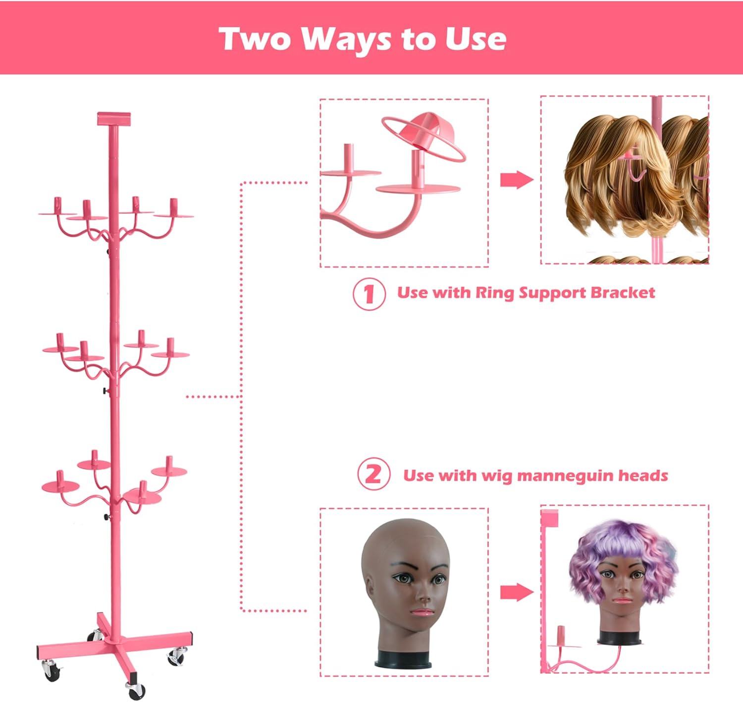Wig holder for Multiple Wigs for 12-Mannequin Head, Wig Styling Stand Display Holder Organizer Metal Wig Rack On Wheels Tree Shelf - Patent Protected( Small Pink with 12 little wig holder