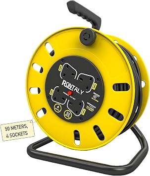 Extension Lead Outdoor, 50 Metres & 4 Socket Garden Extension Cable Heavy Duty Cable Reels with Winding Handle, 13A Electrical Extension Reel for Garden Lawn Mower Office