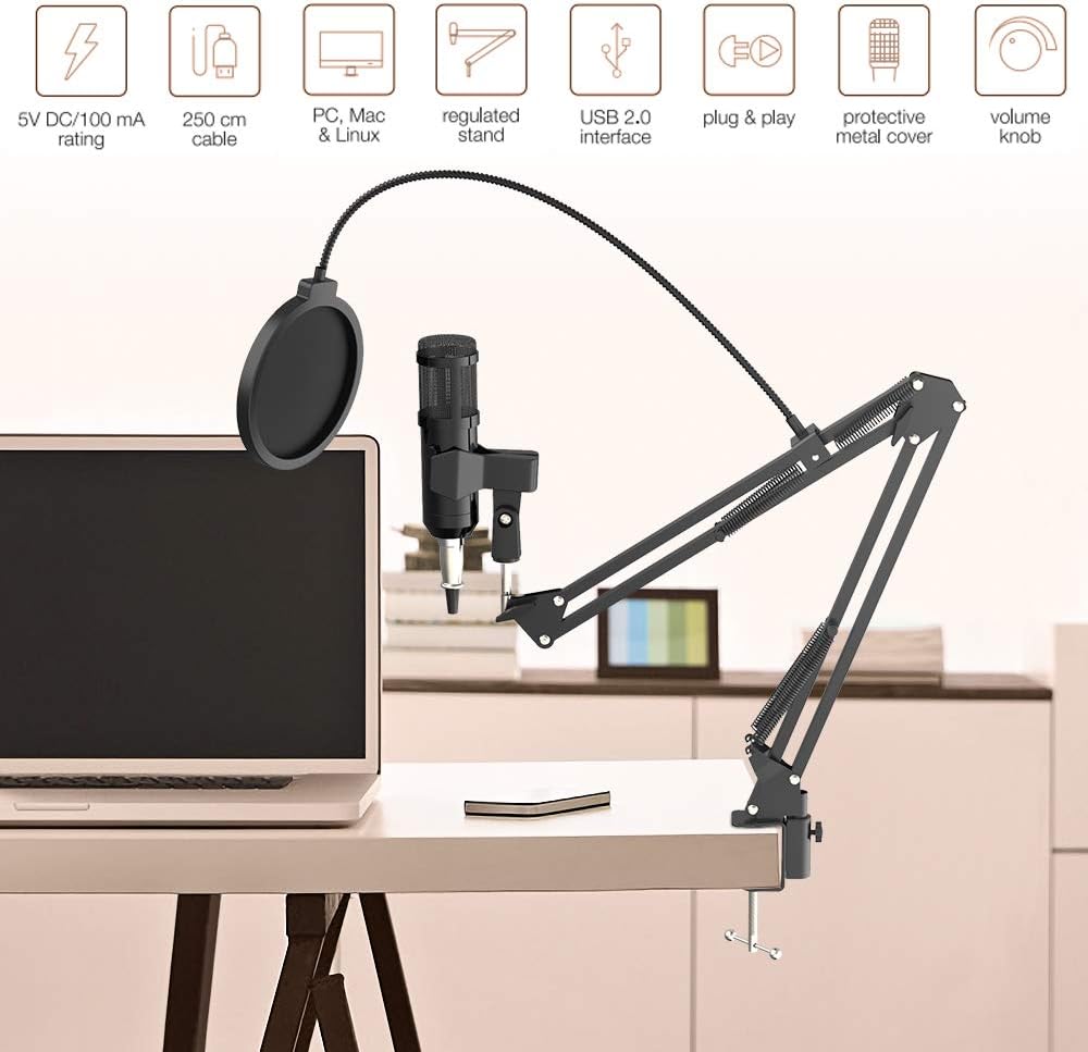 USB Microphone for Computer, BENGOO LM-1 PC Microphone kit Professional Podcast Streaming Condenser with Adjustable Scissor Arm, Noise Reduction Mic, Mute Key, Plug & Play for Gaming YouTube Karaoke Recording