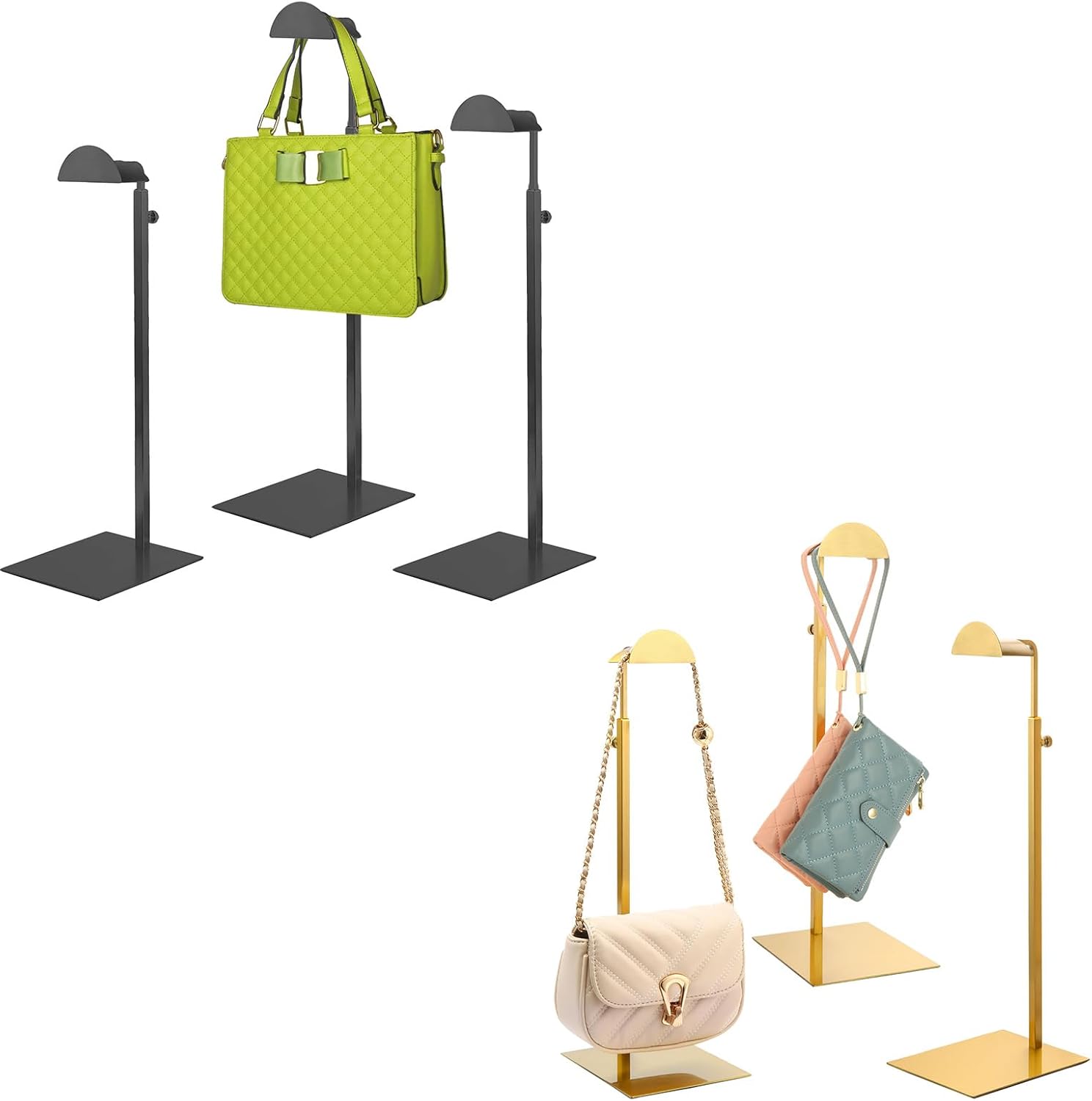 3 Pack Gold Stainless Steel Purse Display Stands and 3 Pack Silver Handbag Display Holder