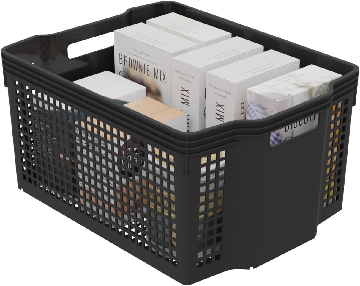 12 Pack Large Storage Plastic Basket, Stacking Organizer Bins, 14.17" x 10.70" x 7.12", Black