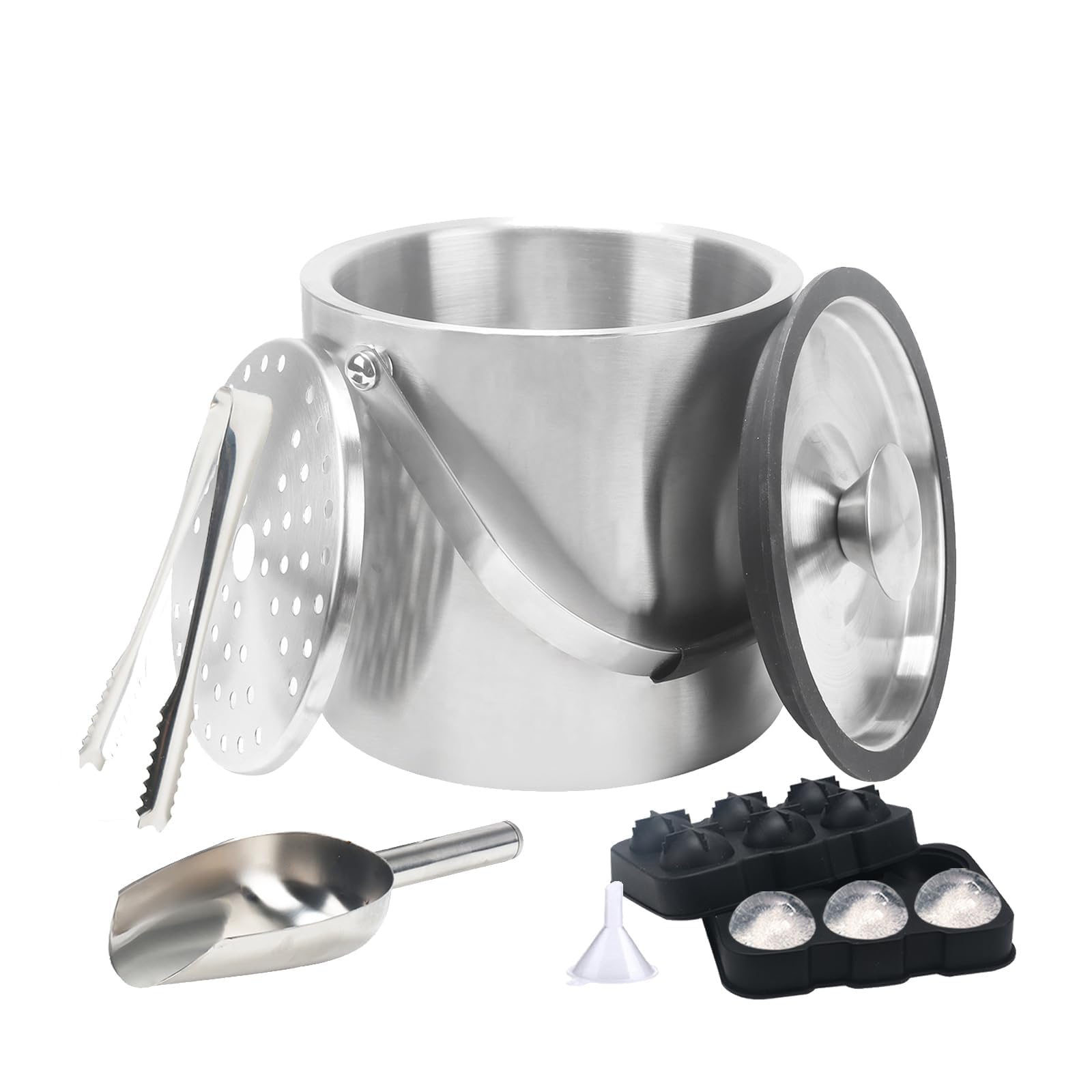 4L Seau a Glacon Isotherme Double Paroi pour Champagne Cocktails | Seau à Glace en Inox avec Couvercle Cuillère Pinces et Passoire Seau a Champagne pour Bière Cocktails Vin Frais Bar Fêtes