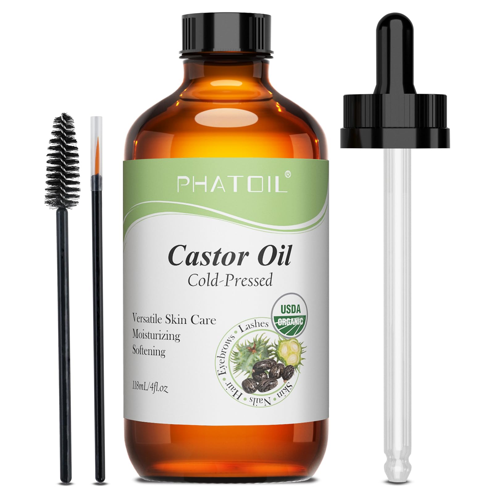 PHATOIL Castor Oil Organic Cold Pressed Unrefined Glass Bottle, 118 ml (4 fl.oz) USDA Certified Organic Castor Oil for Hair Growth, Eyelashes and