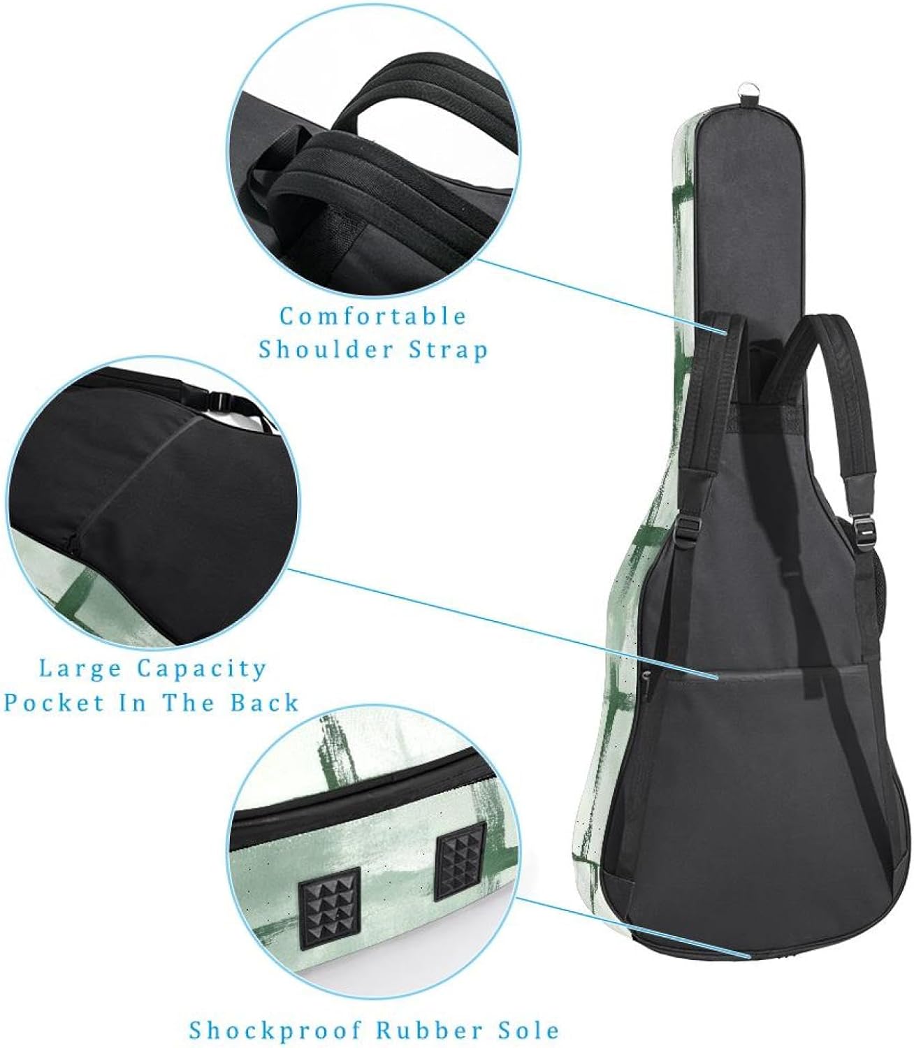 Watercolor Sage Green Plaid Pattern Acoustic Guitar Gig Bag, 1 cm Thick Padding Waterproof Guitar Bag Backpack for 40 41 42 Inch Electric Bass Classical Guitars