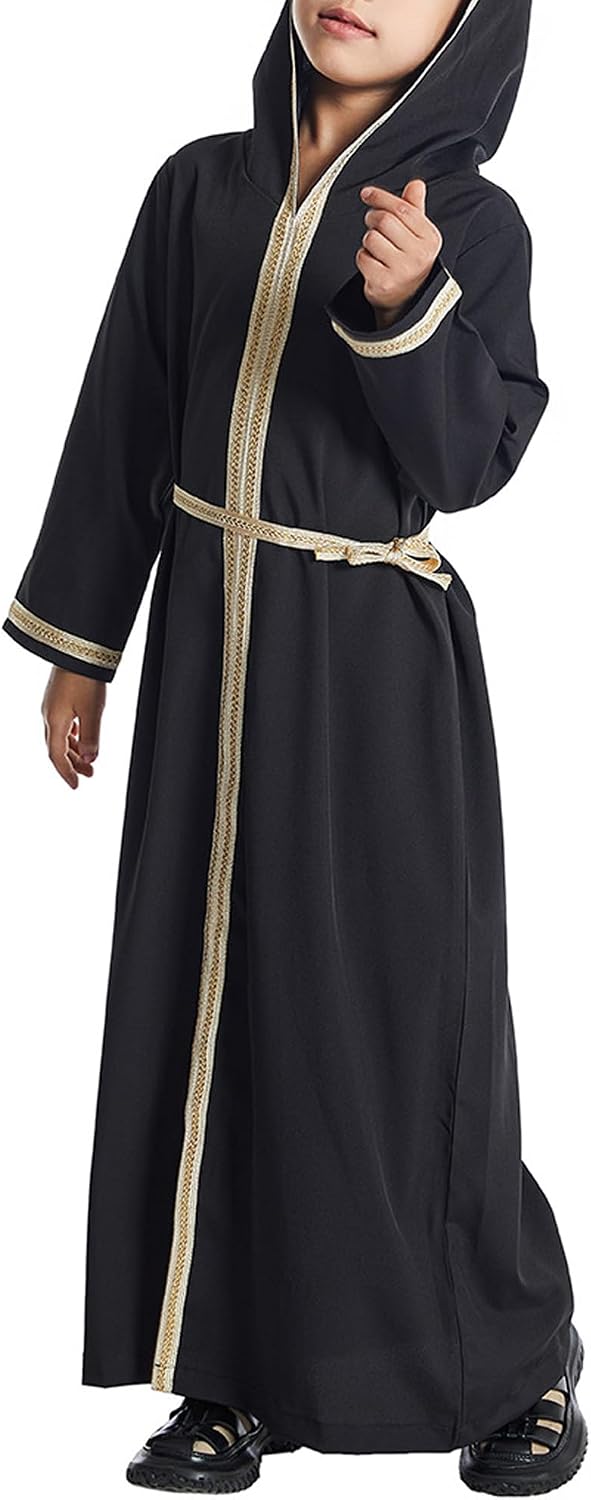 WSPLYSPJY Kids Girls Hooded Abaya Dress Embroidered Muslim Prayer Clothes Dubai Robe with Belt