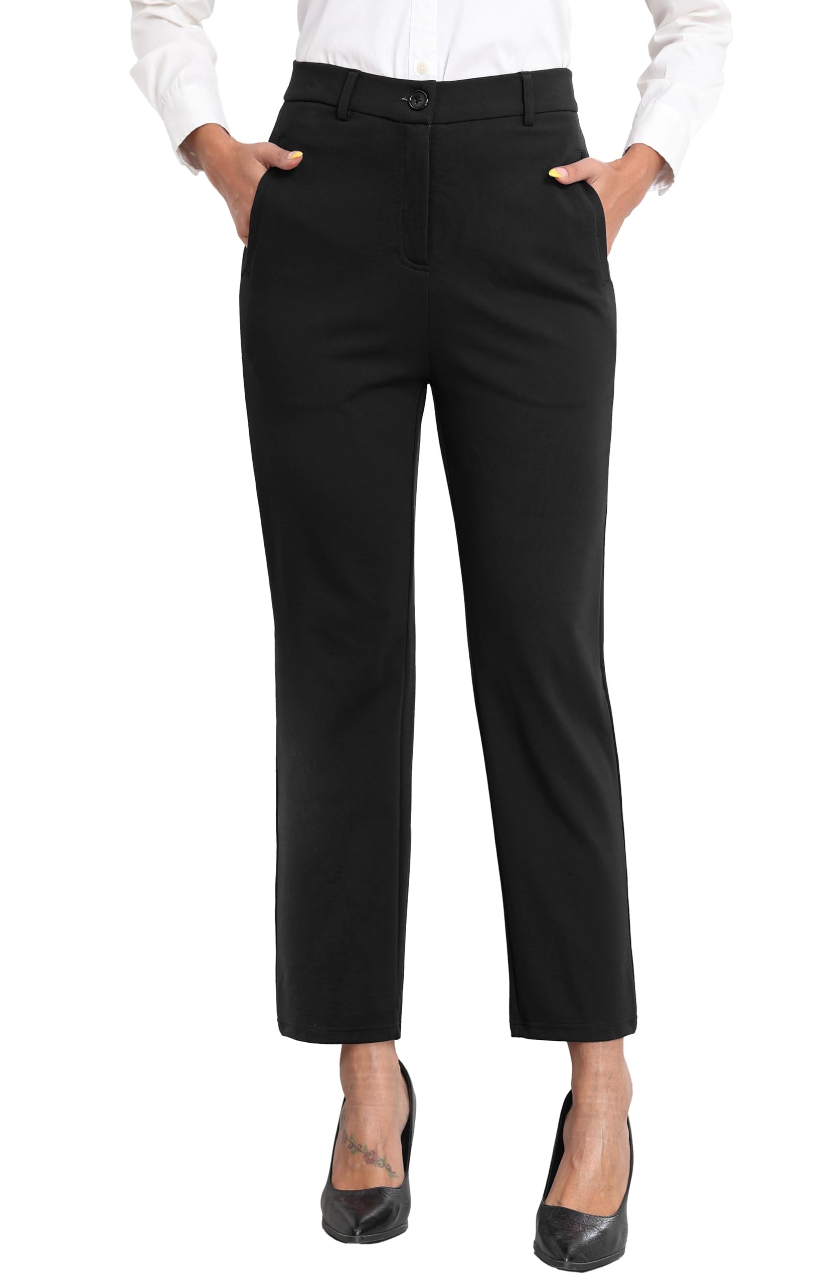GRECERELLE Pantalones de trabajo para mujer, elegantes, elásticos, cintura alta, pierna recta, pantalones casuales de yoga para mujer, con bolsillos y cremallera
