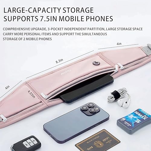 Miniatura 4 de Cinturón de correr para mujeres y hombres  Cinturón de correr delgado para teléfono con soporte para teléfono resistente al agua, 3 bolsillos correa