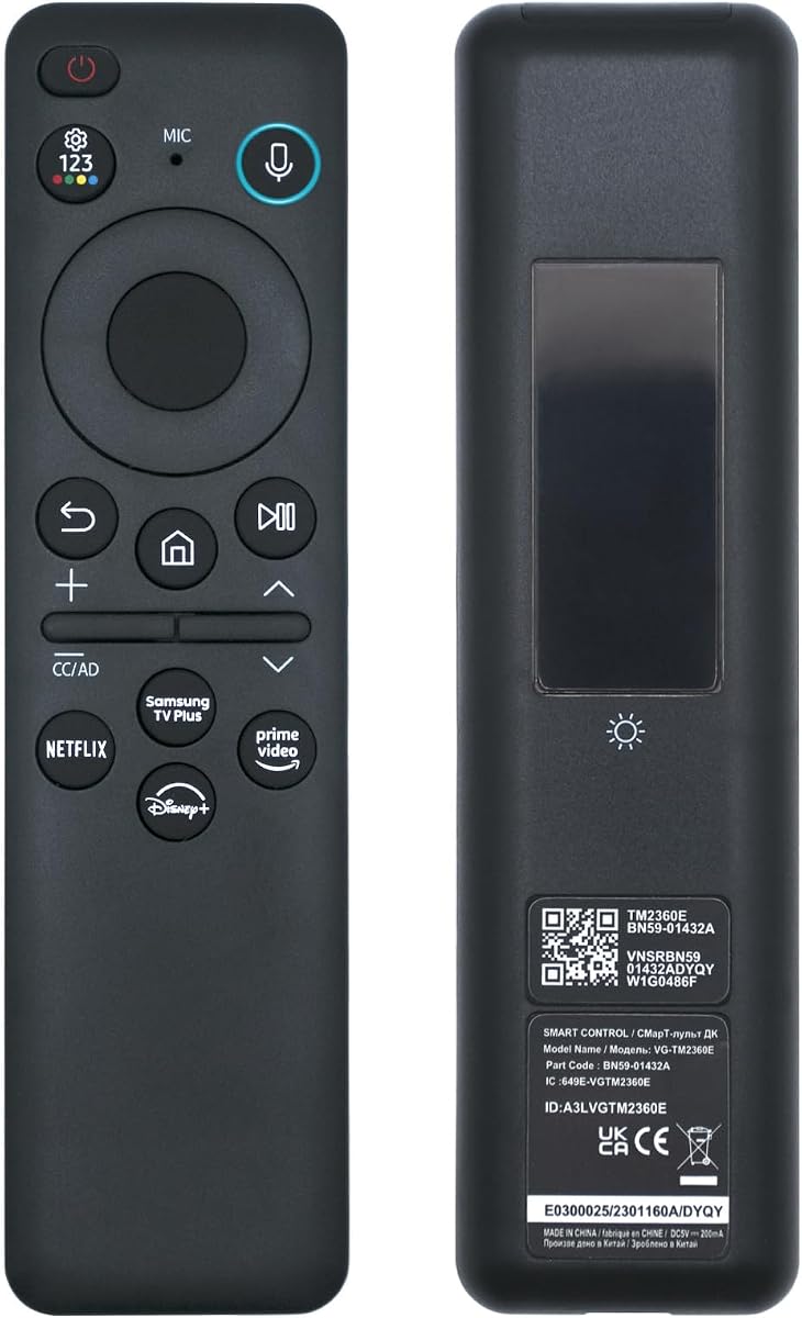 New BN59-01432A TM2360E Solar Voice Remote, USB-C Rechargeable Bluetooth Remote Control with Solar Charging Compatible with Samsung 2023-2024 Neo QLED 8K Smart TVs, HDR Ultra HD - Black