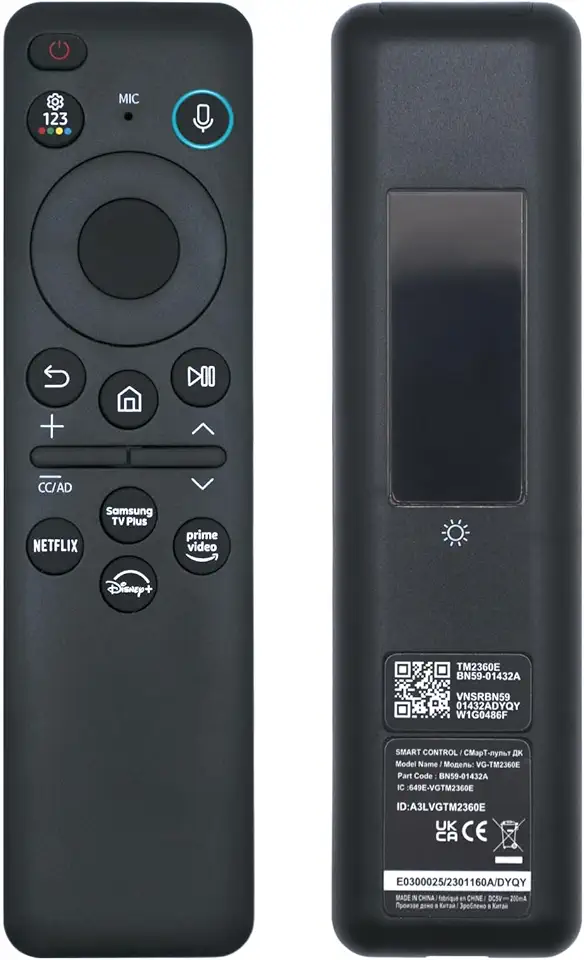 Controle remoto por voz solar BN59-01432A, recarregável por USB-C, Bluetooth com carregamento solar, compatível com Smart TV Samsung Neo QLED S90D Smart 8K HDR Ultra HD - Preto