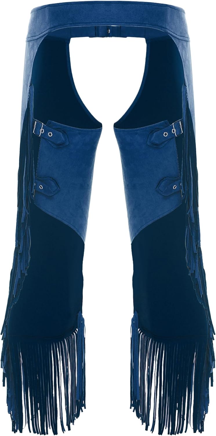 Men's Vintage Cowboy Chaps Faux Suede Pants Adjustable Buckles Tassel Split Trousers for Halloween