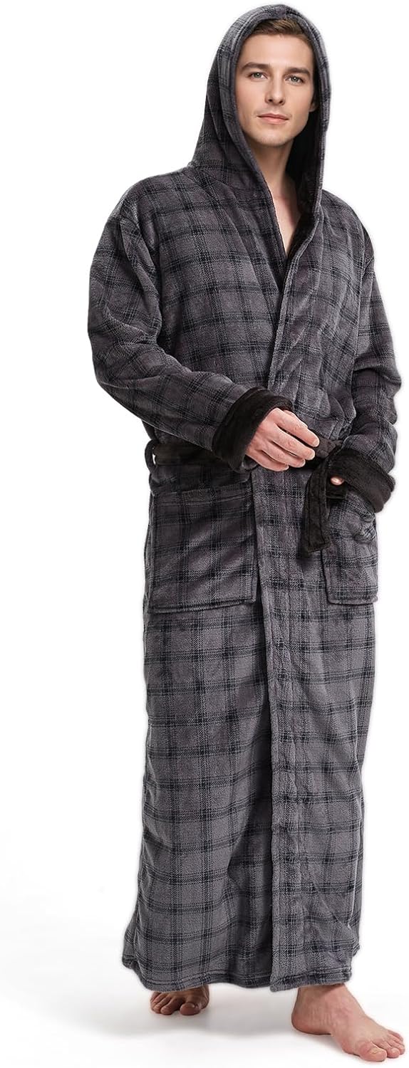 Cozy Plush Fleece Robe for Men, Big and Tall Hooded Long Robe, Warm Loungewear, Shawl Collar Pocketed Bathrobe